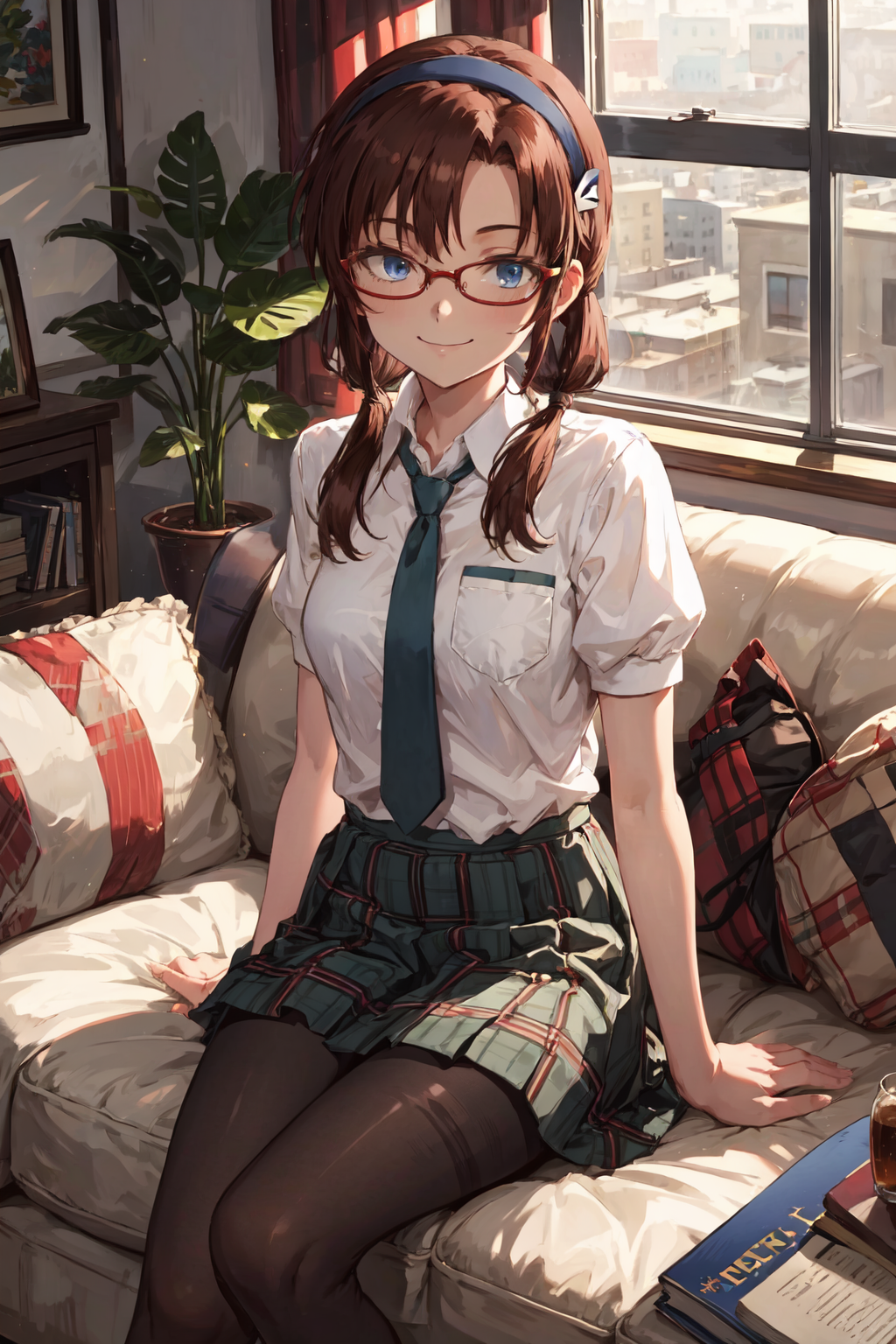 00788-659957996-masterpiece,best quality,1girl,solo,mari makinami,blue eyes,brown hair,glasses,headband,twintails,dress shirt,pantyhose,plaid,pl.png